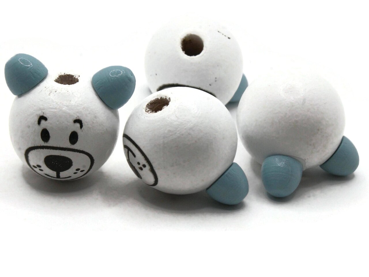 4 26mm Round White and Blue Wooden Bear Head Large Hole Beads